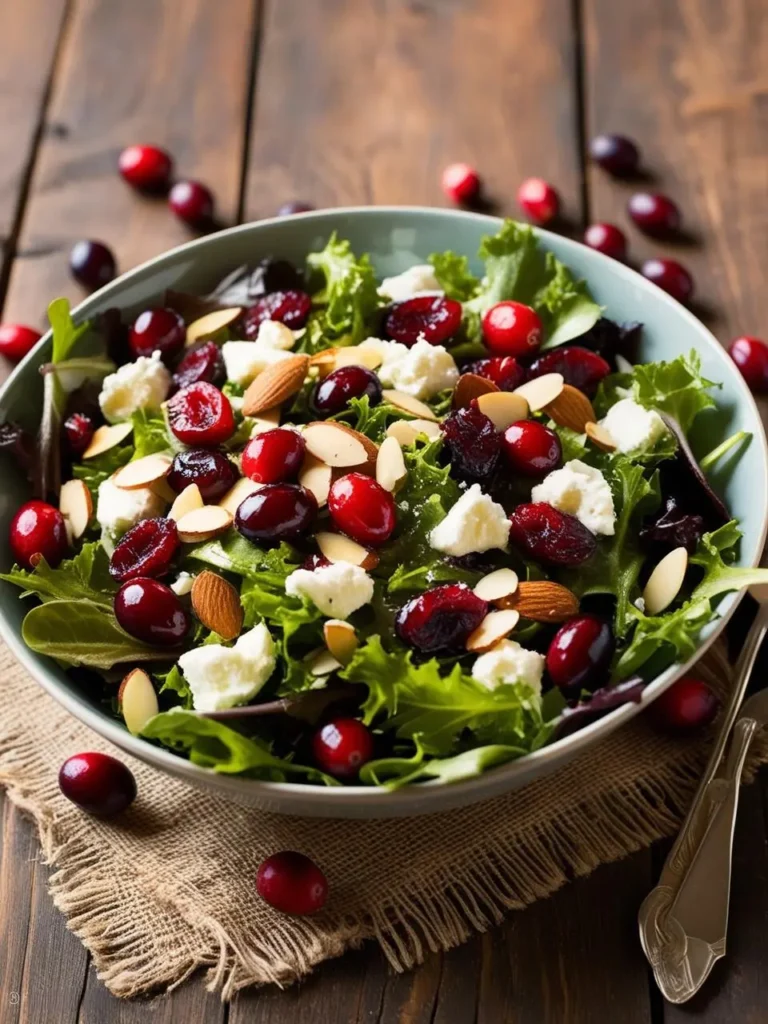 A vibrant and refreshing salad featuring a mix of fresh greens, sweet cranberries, crumbled feta cheese, and toasted almonds. The salad is served in a blue bowl on a wooden table, with a few scattered cranberries adding to the festive presentation.