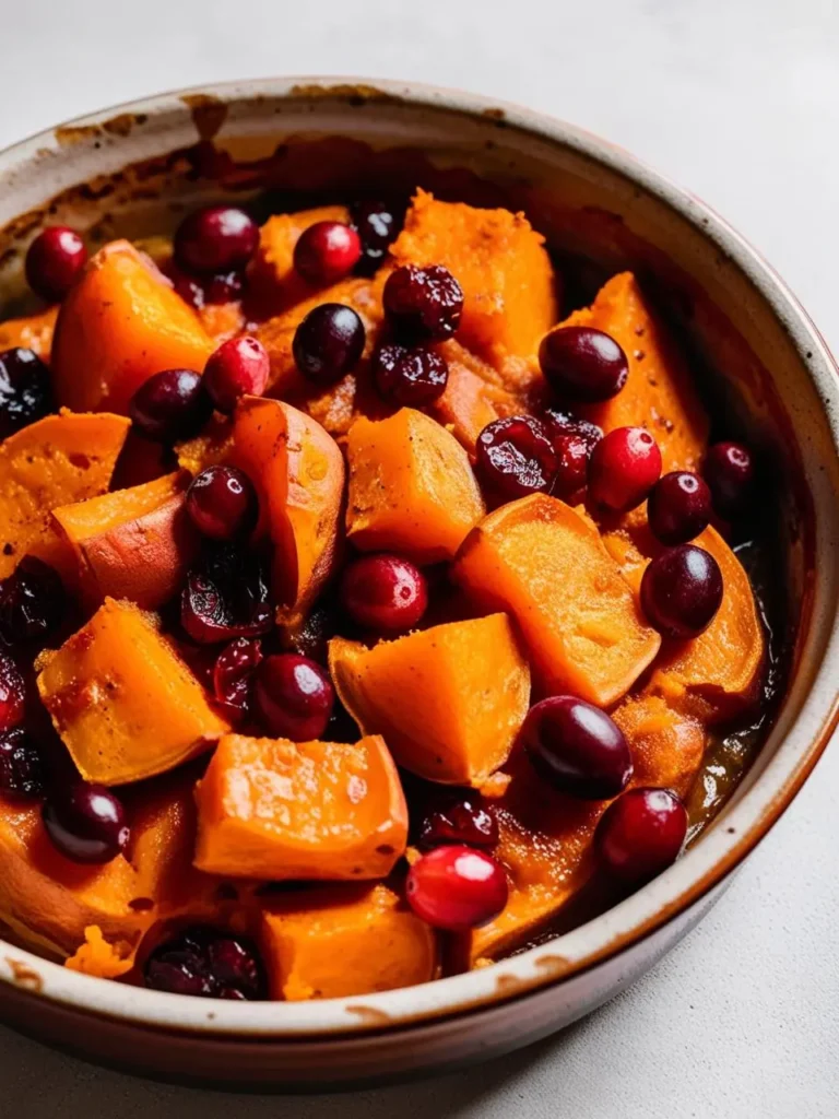 A baking dish filled with roasted sweet potatoes and cranberries. The dish looks incredibly appetizing and perfect for a holiday meal.




