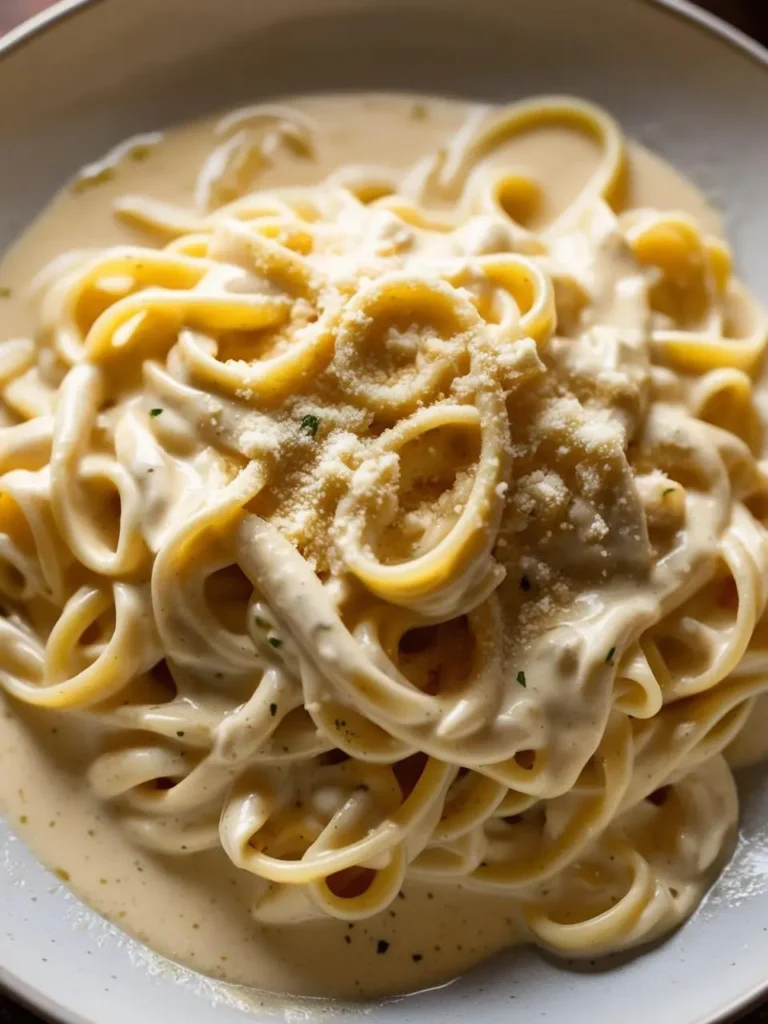 A plate of creamy fettuccine Alfredo, topped with grated Parmesan cheese. The pasta looks incredibly rich and appetizing.