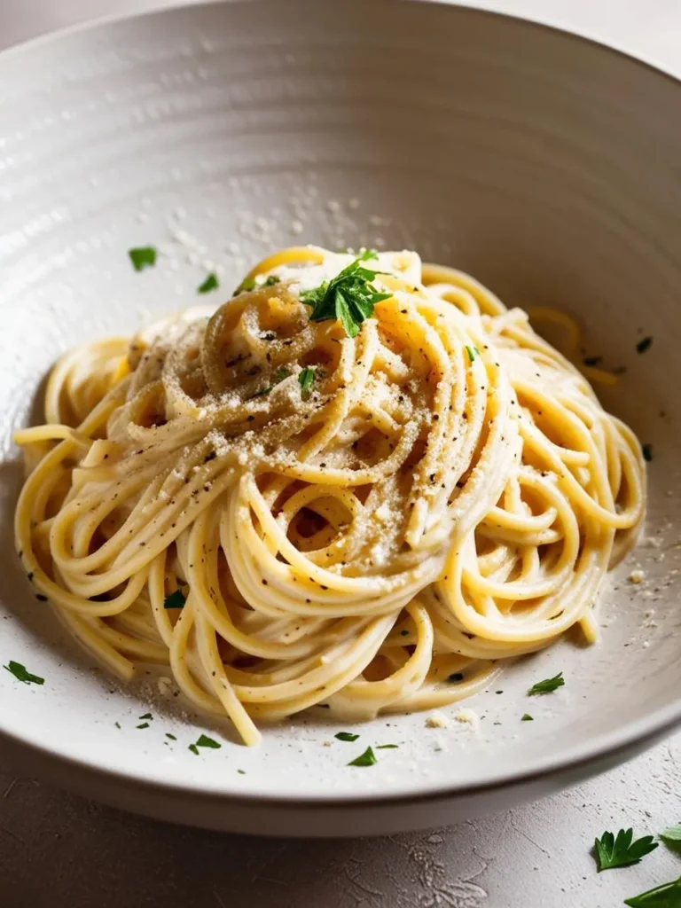 A bowl of creamy cacio e pepe pasta. The spaghetti is coated in a rich, cheesy sauce made with pecorino Romano cheese and black pepper. The dish is garnished with fresh parsley and additional grated cheese. It looks delicious and inviting.