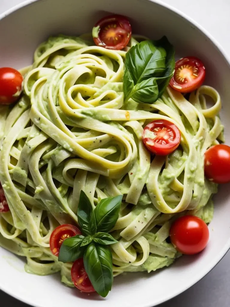 A bowl of creamy avocado pasta with cherry tomatoes and fresh basil. The pasta looks incredibly appetizing and flavorful.