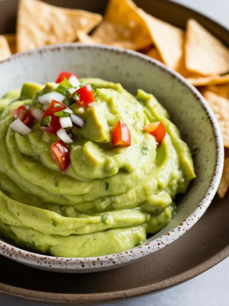 A bowl of creamy guacamole topped with chopped tomatoes, onions, and cilantro. The guacamole is served with a side of tortilla chips, making it a perfect snack or appetizer. The image looks incredibly appetizing and flavorful.