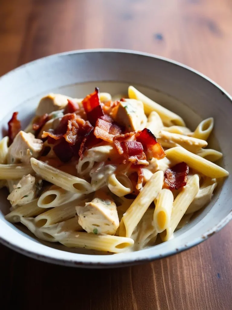 A close-up of a plate of creamy penne pasta topped with crispy bacon bits and shredded chicken. The pasta looks rich and indulgent, perfect for a comforting meal.