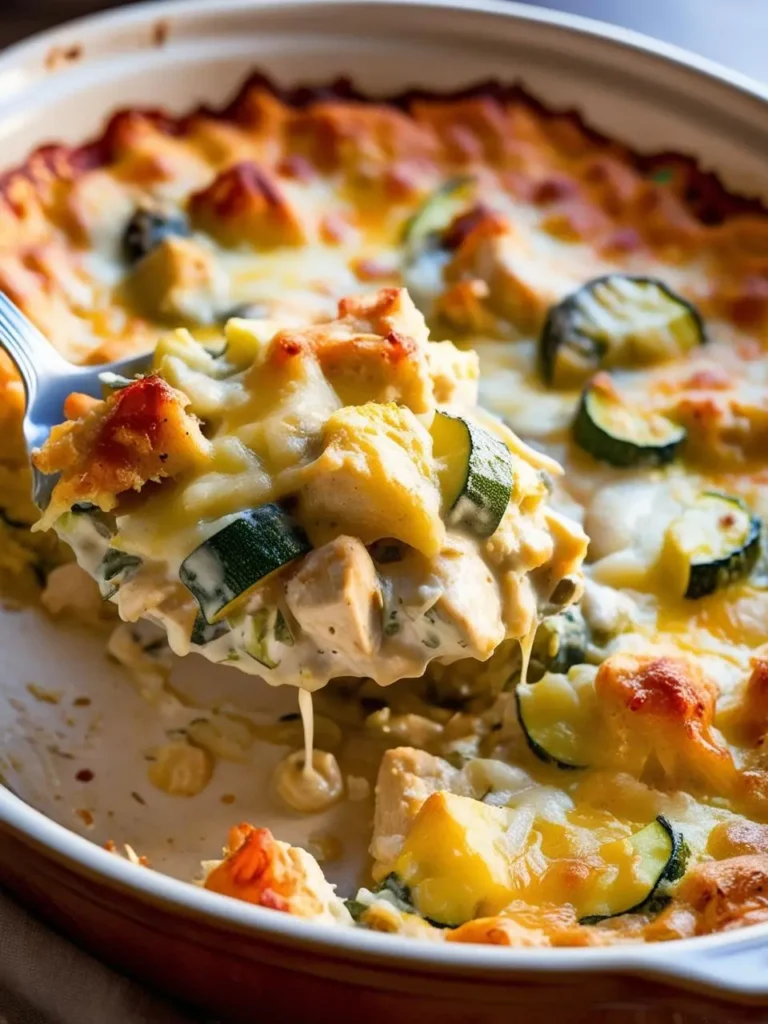 A spoonful of creamy chicken and zucchini casserole is being lifted from a baking dish. The casserole is topped with a golden brown crust and filled with a cheesy, creamy mixture of chicken, zucchini, and spinach. The image looks incredibly appetizing and perfect for a comforting meal.