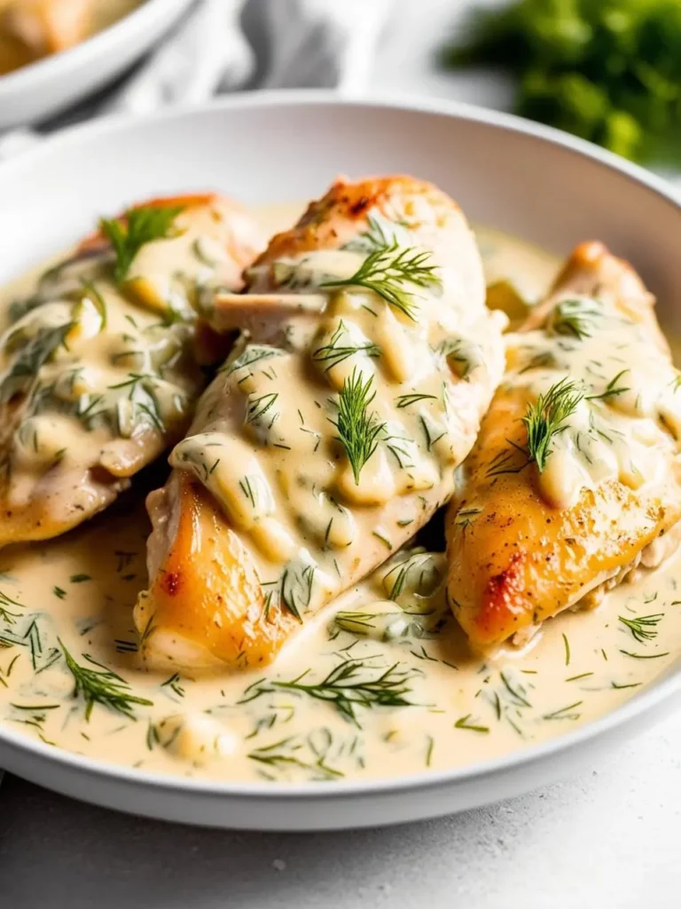 Three golden-brown chicken breasts are smothered in a creamy dill sauce and garnished with fresh dill sprigs. The dish looks incredibly appetizing and perfect for a light and healthy meal.