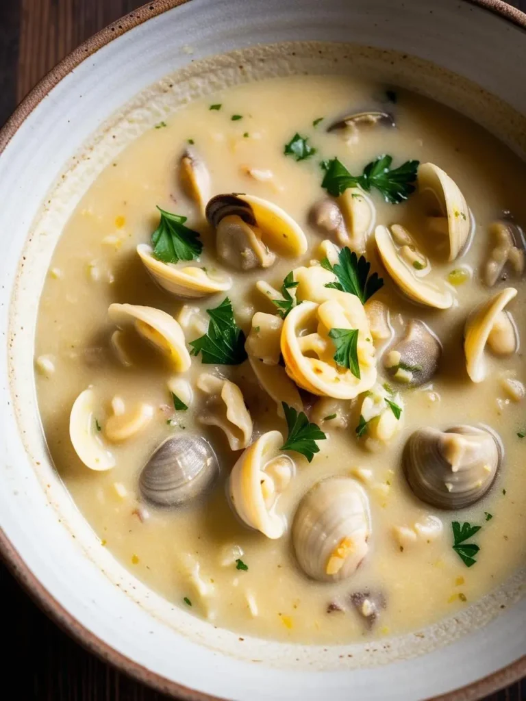 A bowl of creamy clam chowder, brimming with clams and garnished with fresh parsley. The chowder looks rich and flavorful, perfect for a cozy and comforting meal.