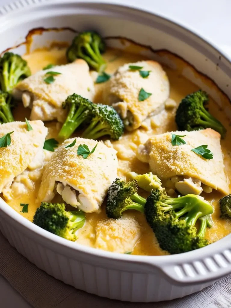 A close-up view of a creamy chicken and broccoli casserole. The casserole features tender chicken breasts baked in a creamy sauce with fresh broccoli florets and a sprinkle of Parmesan cheese.