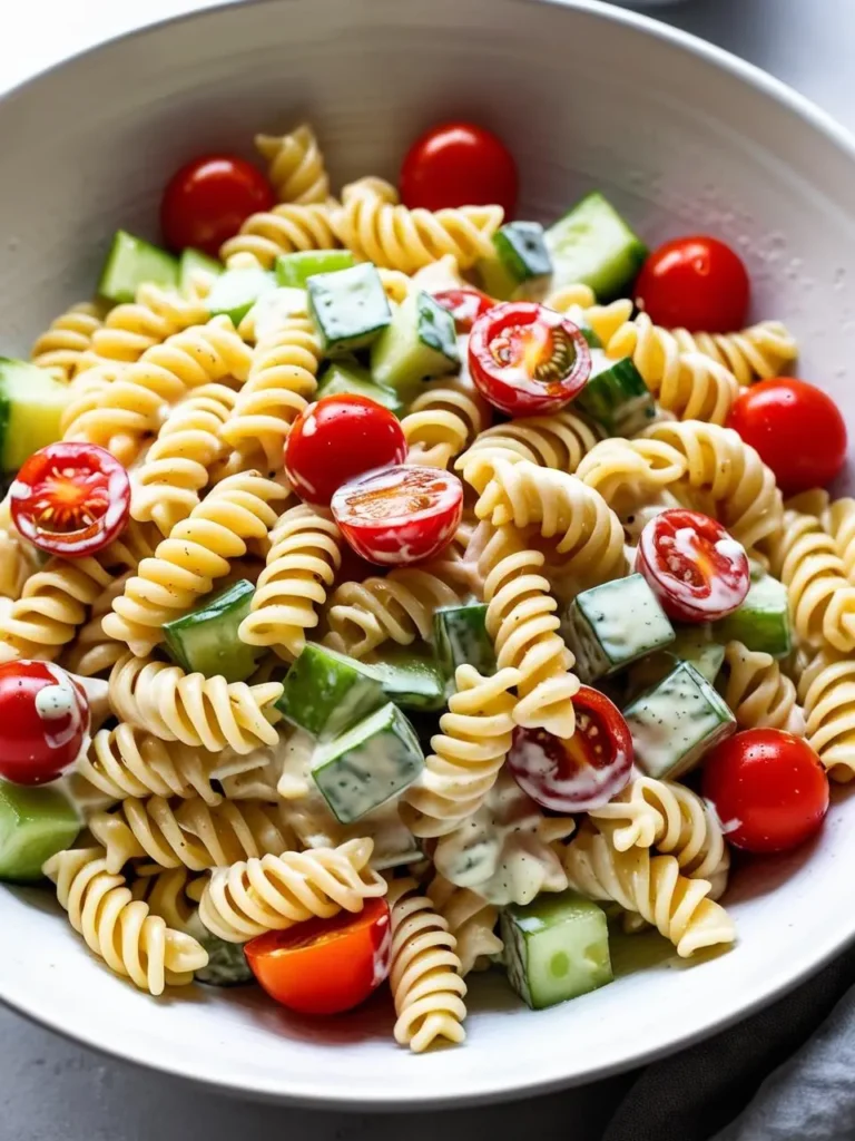 A bowl of classic macaroni salad with rotini pasta, cucumbers, cherry tomatoes, and a creamy dressing. The salad looks light, refreshing, and perfect for a picnic or potluck.