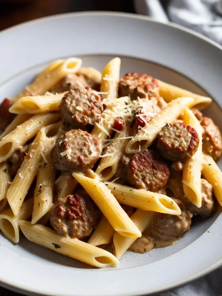 A close-up of a plate of creamy penne pasta with sausage. The pasta is coated in a rich, creamy sauce and topped with crispy sausage slices and grated Parmesan cheese. The dish looks incredibly appetizing and perfect for a comforting meal.