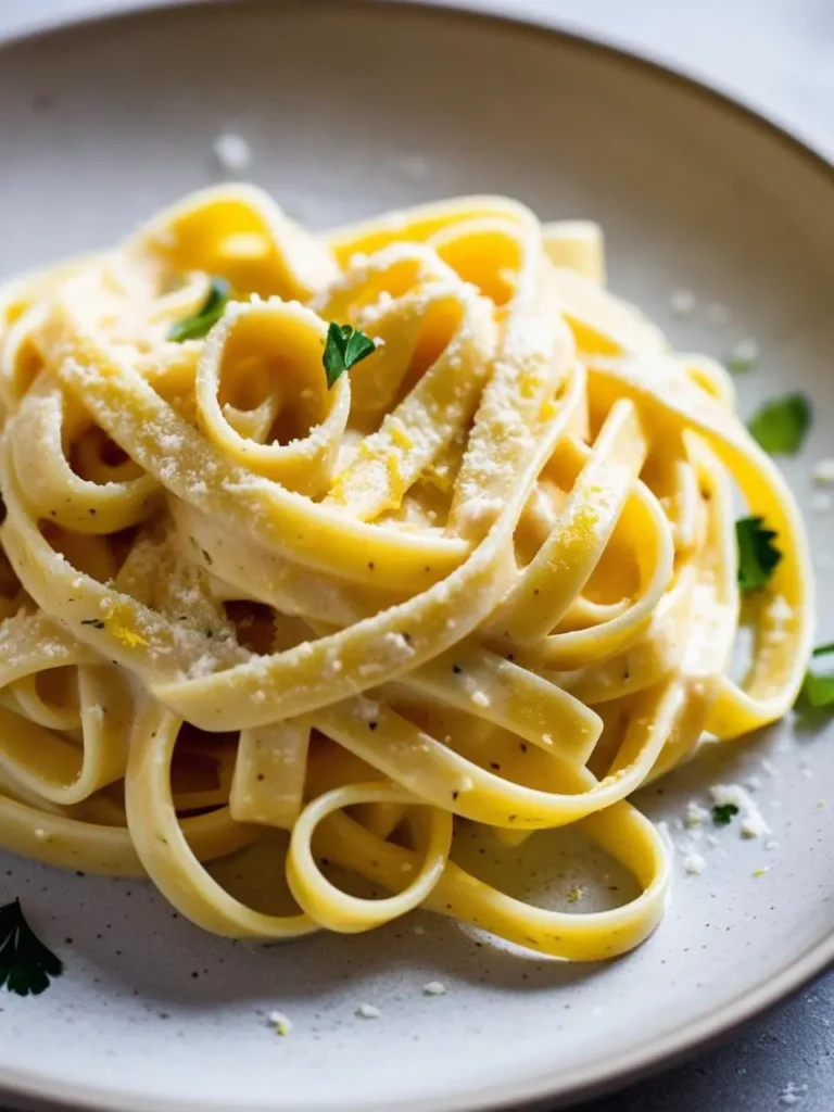 A plate of fettuccine pasta coated in a creamy lemon sauce. The pasta is garnished with grated Parmesan cheese and fresh parsley, creating a bright and flavorful dish.