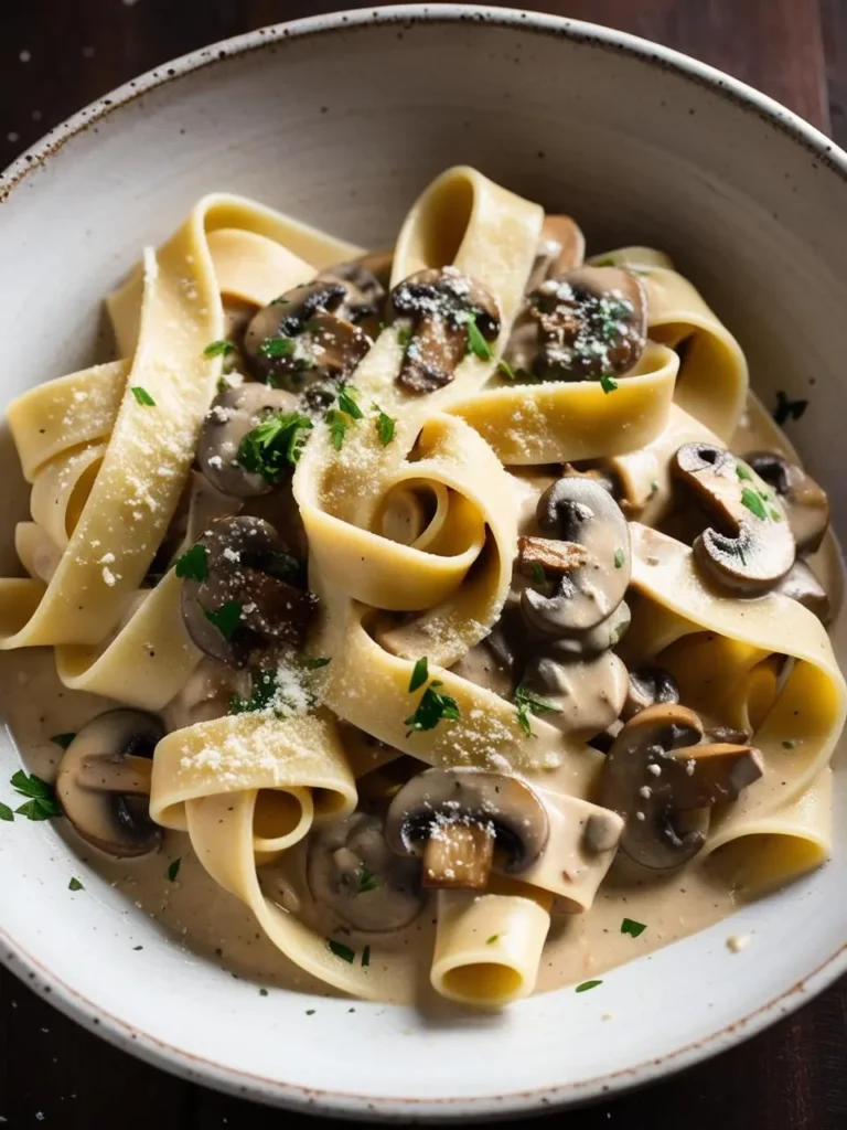 A bowl of creamy mushroom pappardelle. The wide, ribbon-like pasta is coated in a rich, savory sauce filled with sliced mushrooms. The dish is garnished with fresh parsley and Parmesan cheese.