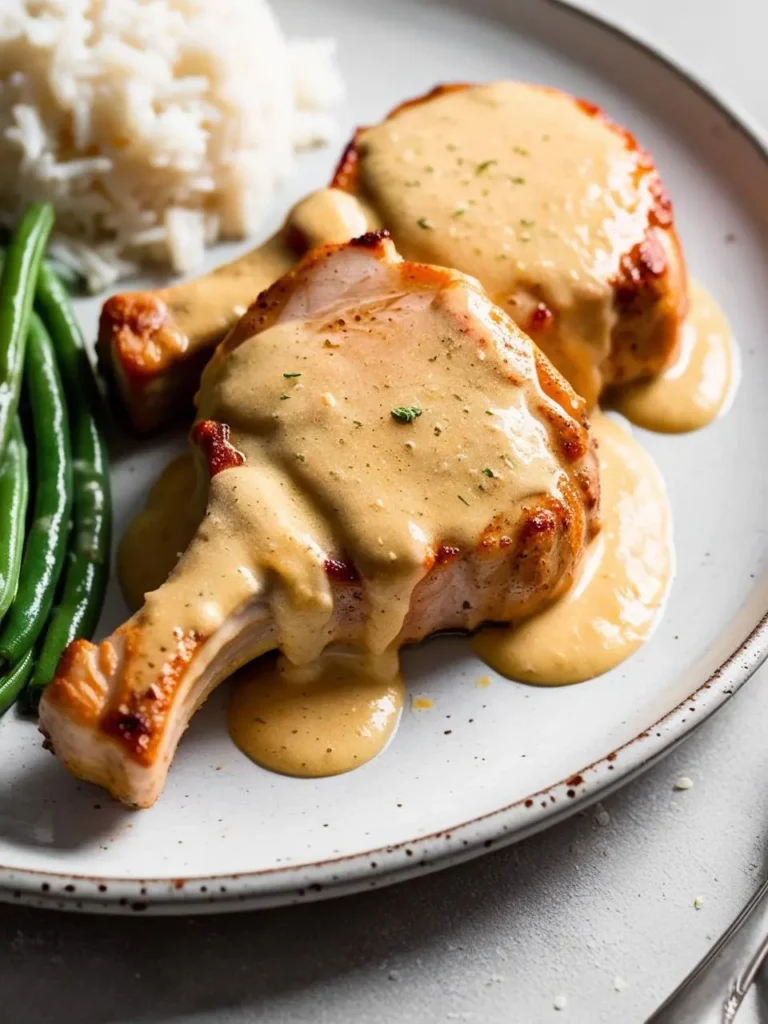 Two juicy pork chops smothered in a creamy mustard sauce. The chops are golden brown and served alongside a side of green beans and rice.