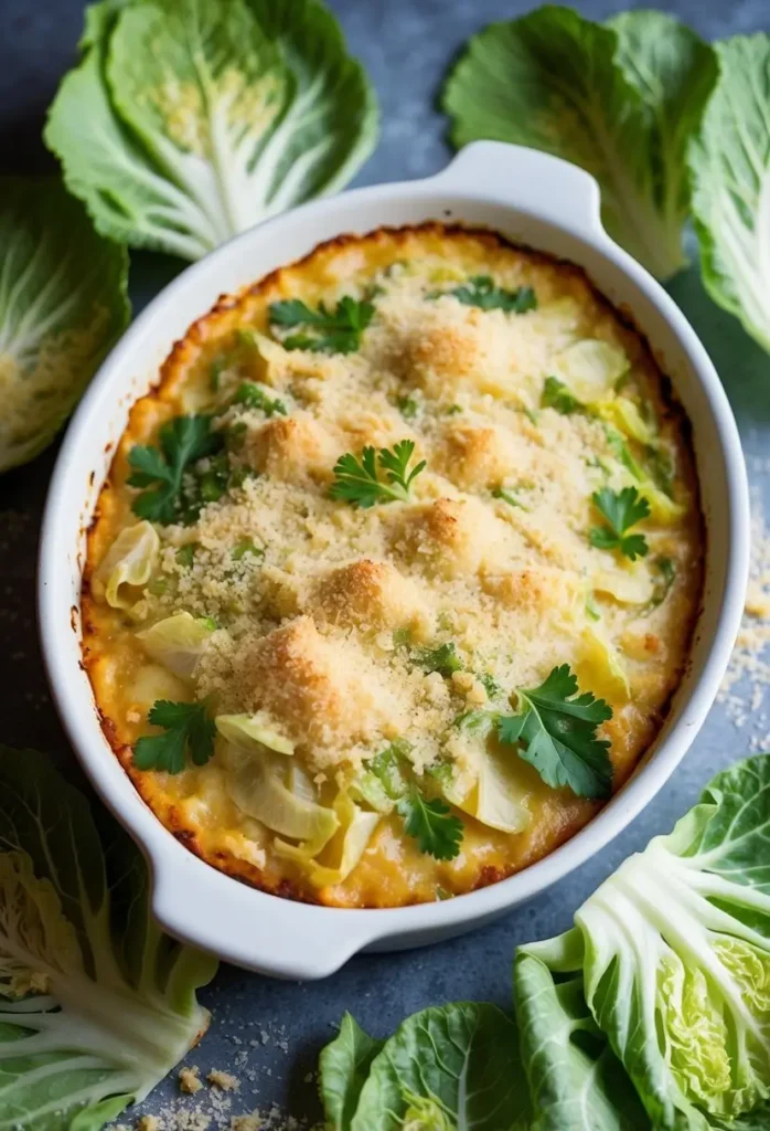 A bubbling dish of creamy savoy cabbage gratin surrounded by fresh cabbage leaves and a sprinkle of breadcrumbs