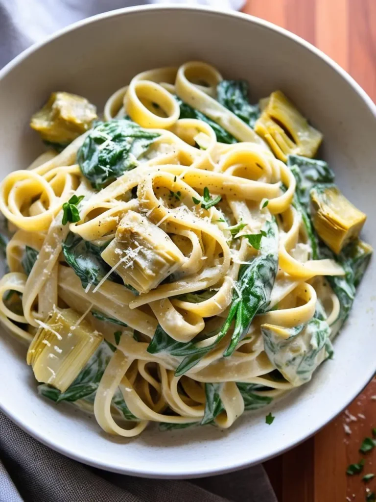 A bowl of creamy fettuccine pasta with spinach and artichoke hearts. The pasta looks incredibly appetizing and flavorful.