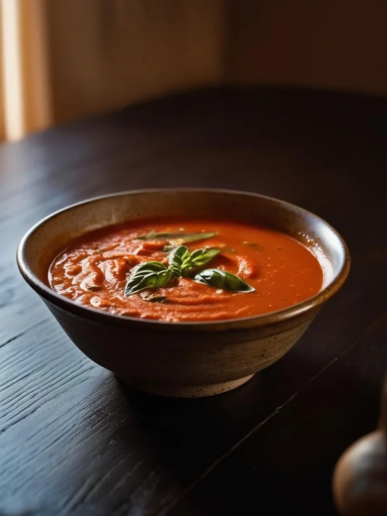 A bowl of vibrant tomato soup garnished with fresh basil leaves. The soup has a smooth texture and a rich, tomatoey flavor.