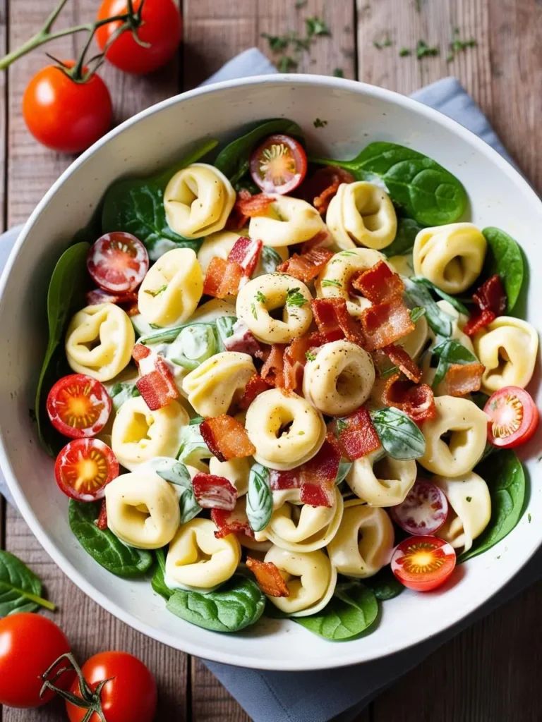 A close-up view of a bowl of tortellini salad. The salad is made with tortellini pasta, spinach, cherry tomatoes, bacon, and a creamy dressing.