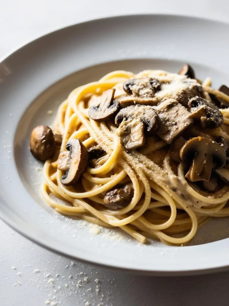 A plate of spaghetti coated in a creamy, mushroom-based sauce. The sauce is rich and flavorful, with large slices of sautéed mushrooms scattered throughout. The dish is garnished with grated Parmesan cheese, adding a touch of richness and texture.