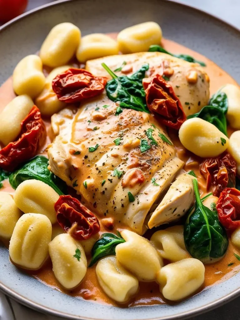 A plate of chicken and gnocchi. The chicken is golden brown and crispy, and the gnocchi are soft and pillowy. The dish is served with a creamy tomato sauce and topped with spinach and sun-dried tomatoes. It looks delicious and inviting.