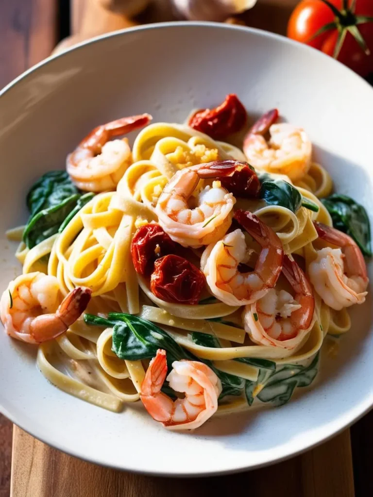 A plate of fettuccine pasta with shrimp, spinach, sun-dried tomatoes, and a creamy sauce. The dish looks rich, flavorful, and perfect for a satisfying meal.