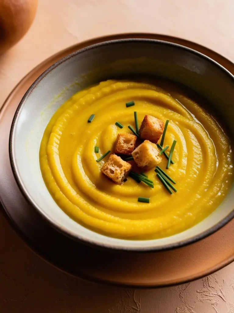 A bowl of creamy pumpkin soup garnished with croutons and chopped chives. The soup has a vibrant orange color and is served in a rustic bowl on a textured surface.