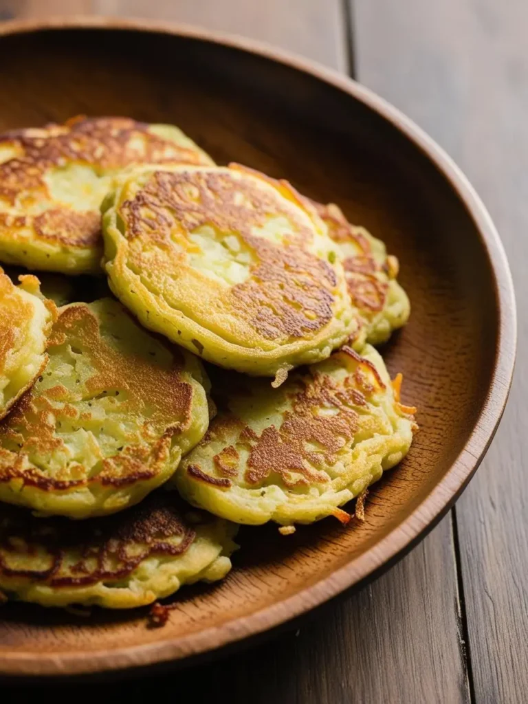 A wooden plate filled with a stack of golden brown potato pancakes. The pancakes have a crispy exterior and a fluffy interior, perfect for a delicious breakfast or snack.