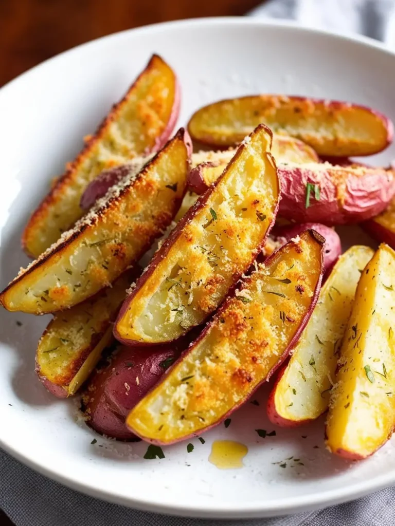 A close-up view of a plate of crispy roasted red potato wedges. The wedges are golden brown and sprinkled with herbs and Parmesan cheese.