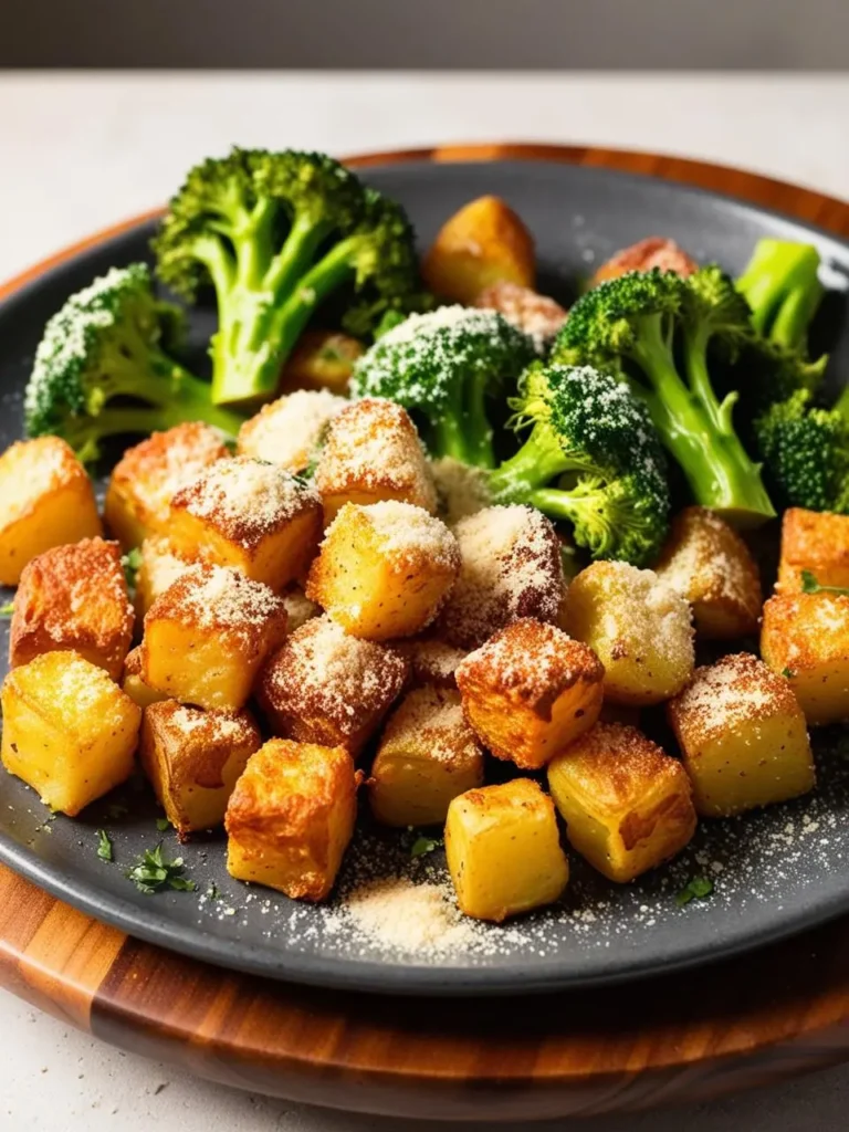 A plate of crispy roasted potato cubes sprinkled with Parmesan cheese, served alongside roasted broccoli florets. The potatoes are golden brown and perfectly seasoned, making them a delicious and satisfying side dish.