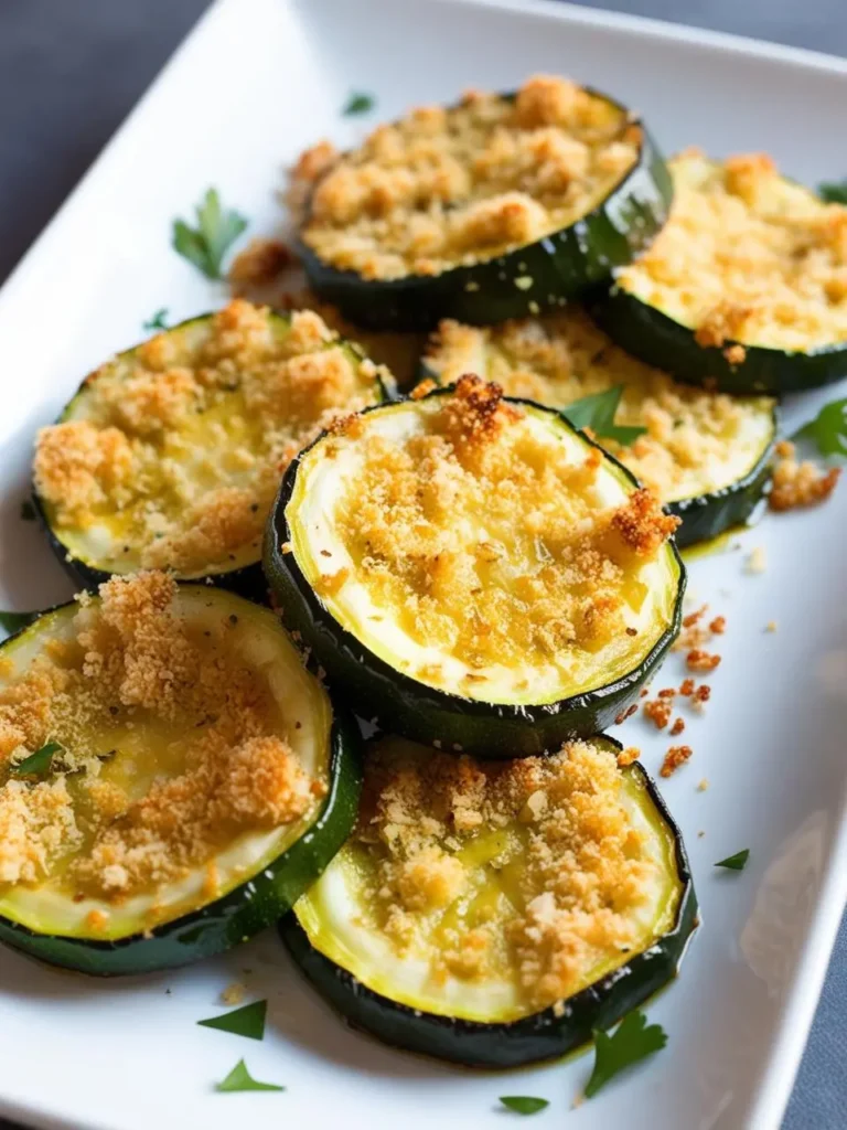 A plate of roasted zucchini slices topped with a golden brown breadcrumb mixture. The zucchini is tender and flavorful, perfect as a side dish or a light meal.