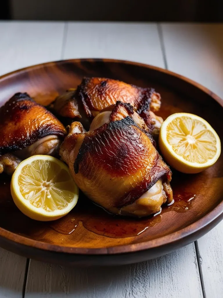 A close-up image of golden-brown roasted turkey thighs on a wooden platter. The thighs are crispy and juicy, and the plate is garnished with lemon wedges. The image looks incredibly appetizing and perfect for a holiday meal.