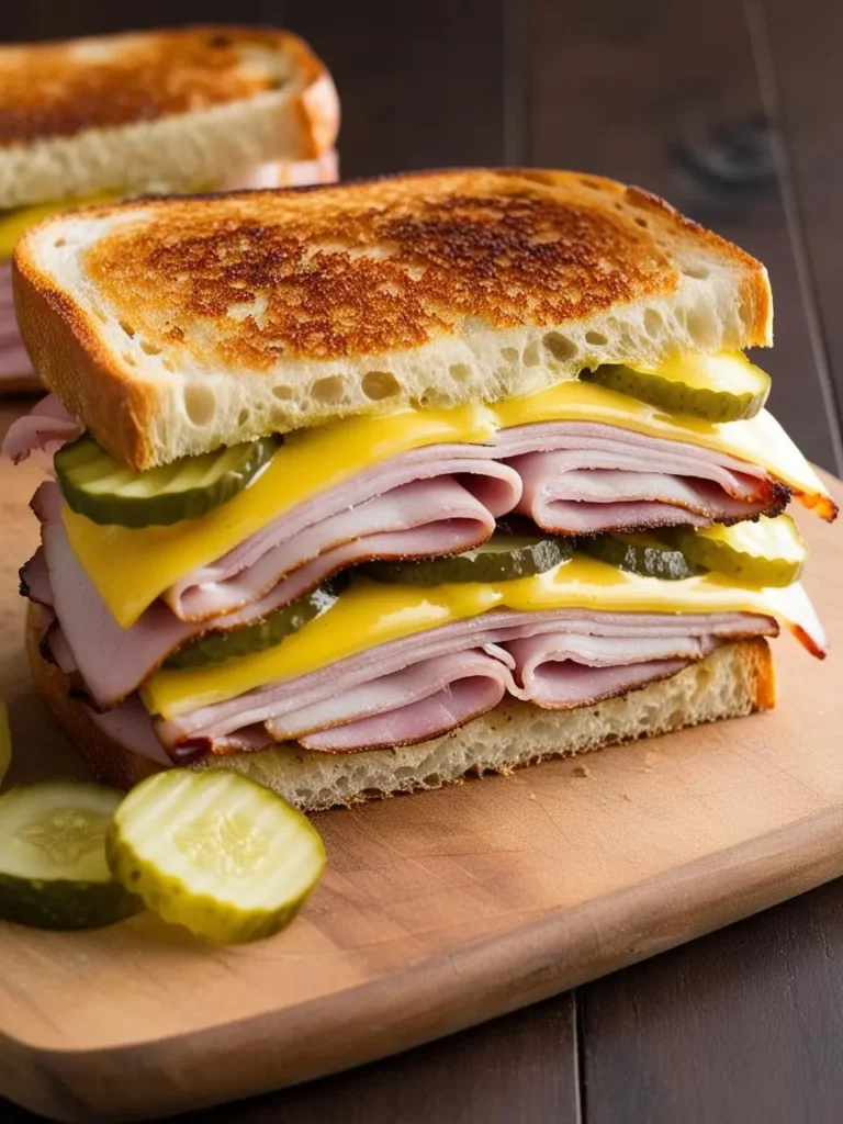 A grilled ham and cheese sandwich with pickles on a wooden board.