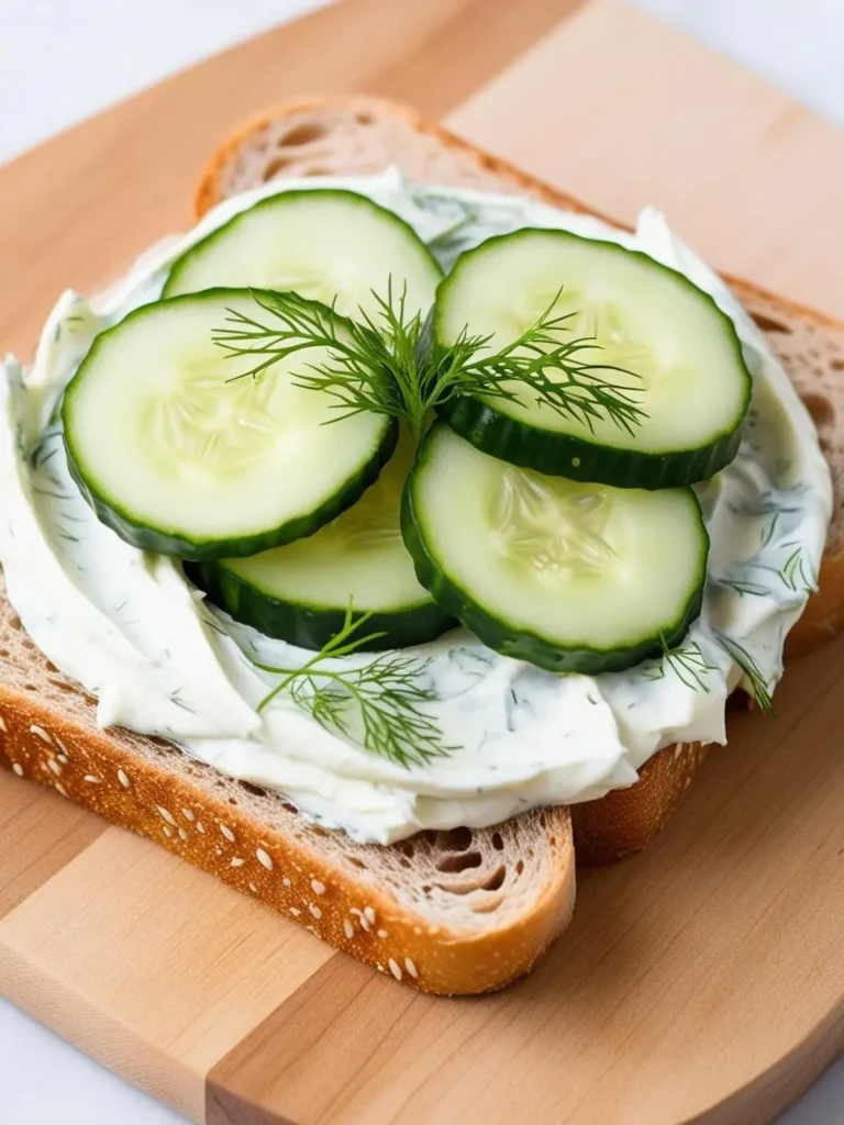 A delicious-looking open-faced sandwich on a slice of whole-wheat bread. The bread is topped with a creamy spread, fresh dill, and several thin slices of cucumber. It's a light and refreshing snack or appetizer.