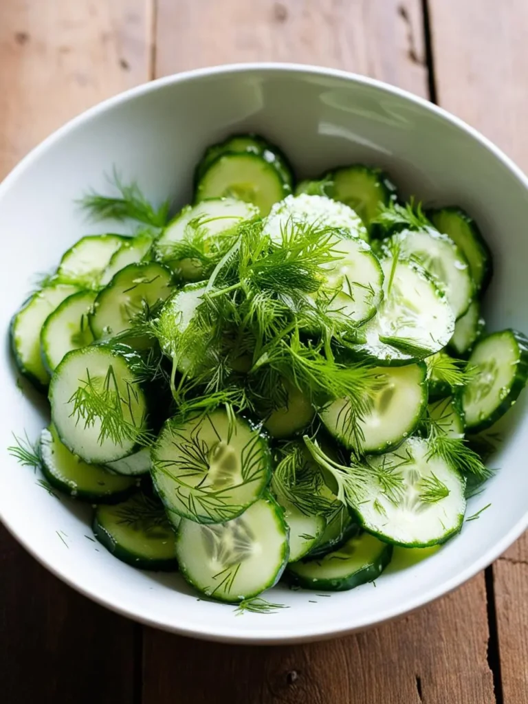 A large white bowl filled with a refreshing cucumber salad. The cucumbers are thinly sliced and tossed with fresh dill and a light dressing. The salad looks vibrant and appetizing, perfect for a summer meal.