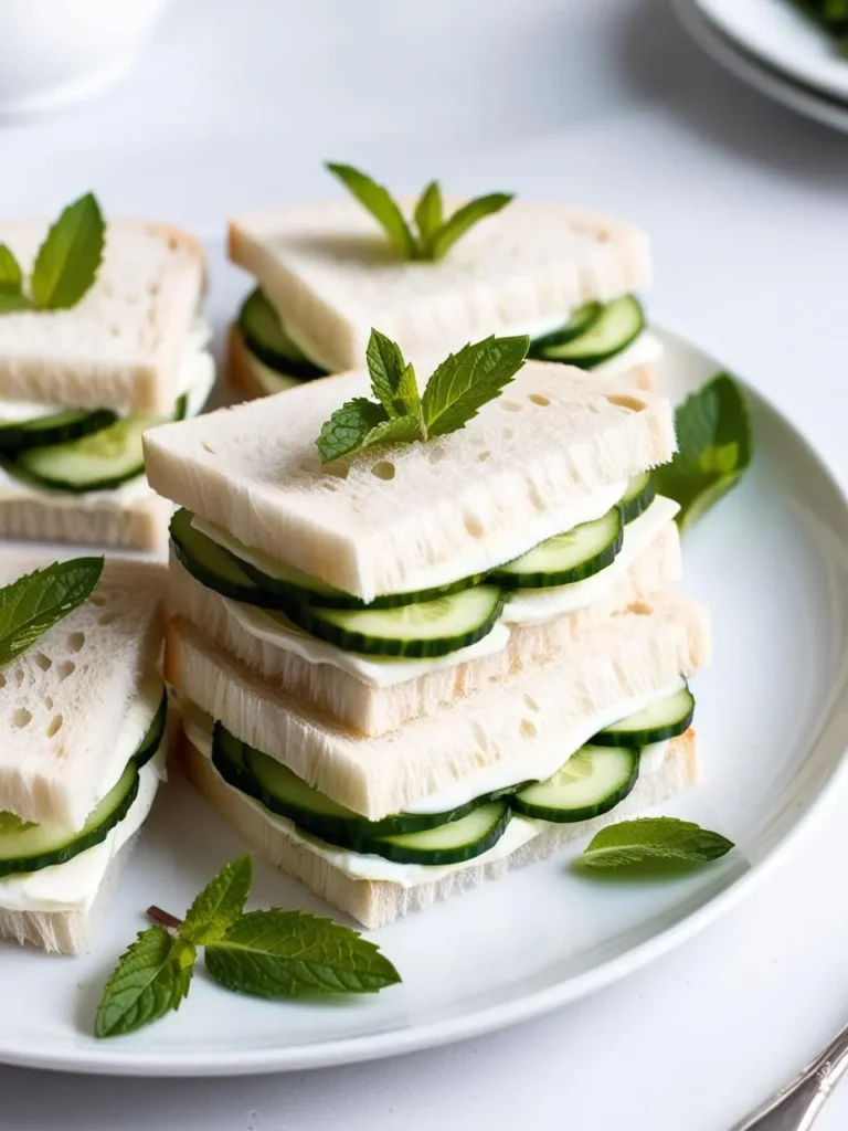 A plate of elegant cucumber tea sandwiches. Each sandwich is made with several thin slices of white bread, layered with cucumber slices and a light green filling. Fresh mint leaves adorn the sandwiches, adding a touch of freshness and color.