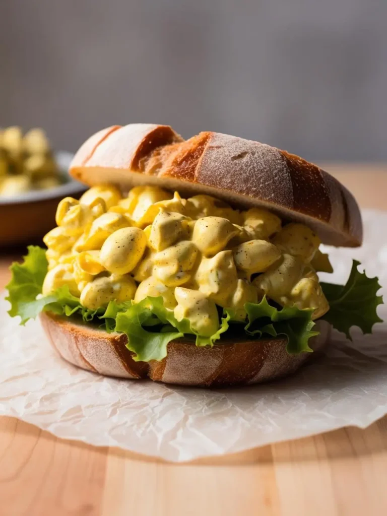 A hearty egg salad sandwich on a crusty roll. The sandwich is overflowing with creamy egg salad, lettuce, and a sprinkle of paprika. It looks like a delicious and satisfying meal.