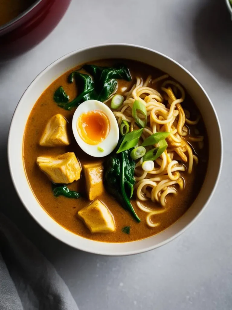 A bowl of curry ramen with a rich, golden broth, topped with noodles, chicken, spinach, a soft-boiled egg, and green onions.