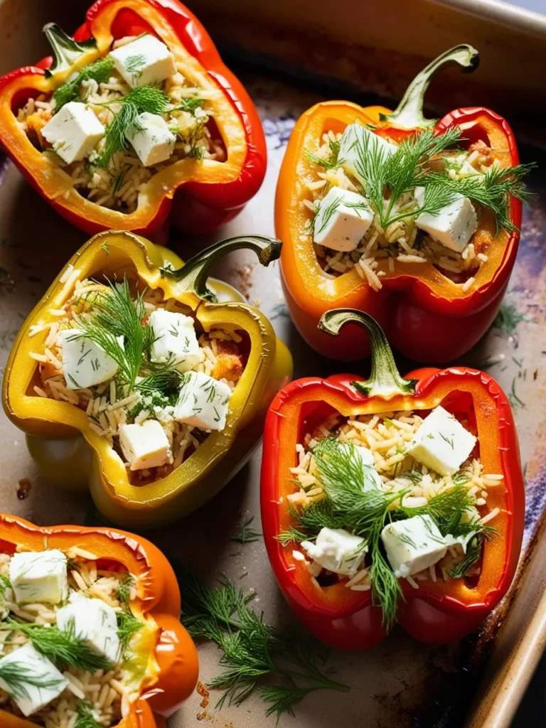 Four colorful bell peppers are filled with a mixture of rice, feta cheese, and dill. The peppers are arranged in a baking dish and look ready to be baked.