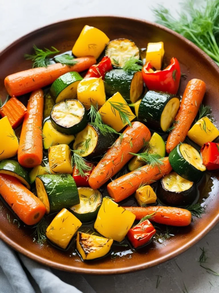 A large plate filled with roasted vegetables. The vegetables include carrots, zucchini, yellow peppers, and red peppers. The vegetables are seasoned with dill and olive oil, making them look incredibly appetizing.