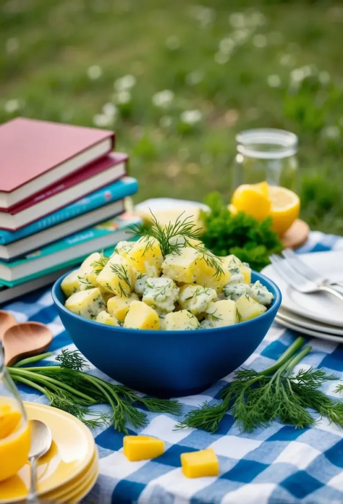 A picnic table set with a bowl of dill-infused potato salad surrounded by fresh dill sprigs and a stack of recipe books