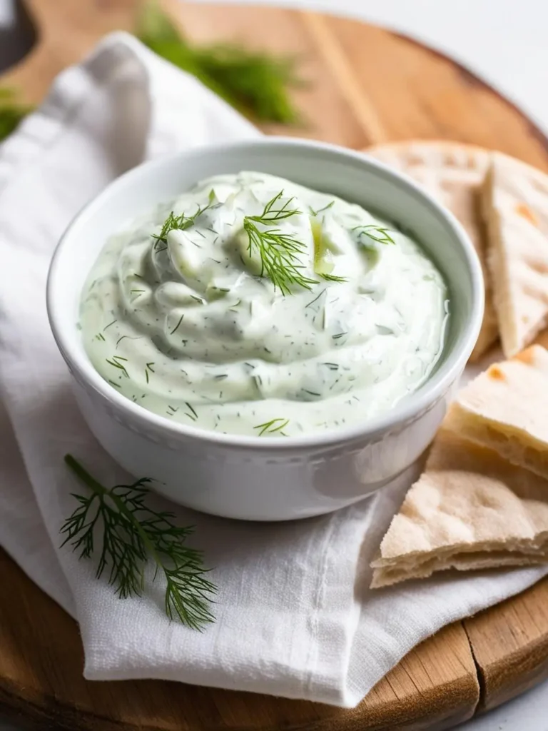 A small white bowl filled with creamy tzatziki sauce, garnished with fresh dill. The sauce is surrounded by pita bread wedges on a wooden cutting board.