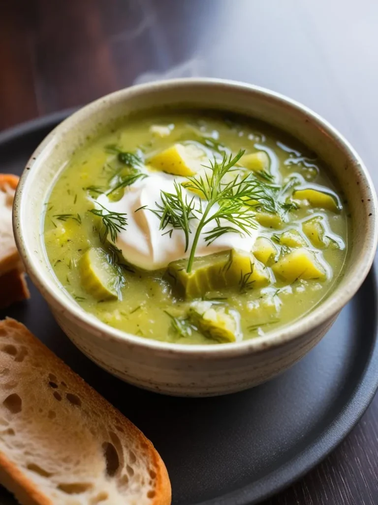 A bowl of creamy cucumber soup, garnished with fresh dill and a dollop of sour cream. The soup has a vibrant green color and looks incredibly appetizing. Two slices of toasted bread are placed on a plate next to the bowl.