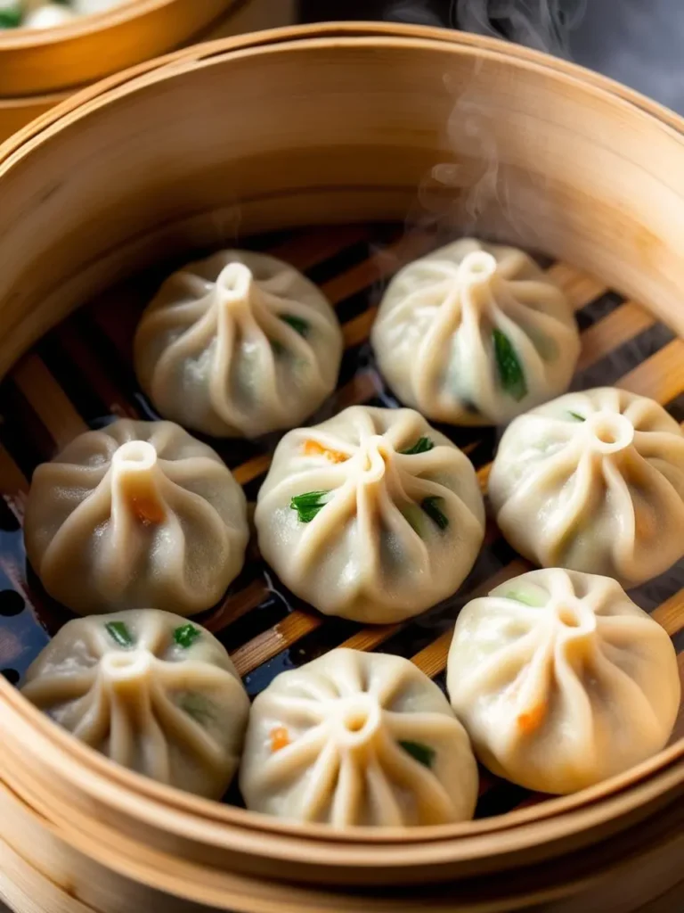 A bamboo steamer filled with a batch of steaming hot dumplings. The dumplings have delicate pleats and are filled with a savory mixture, likely pork or vegetables. The image evokes a sense of warmth and deliciousness.