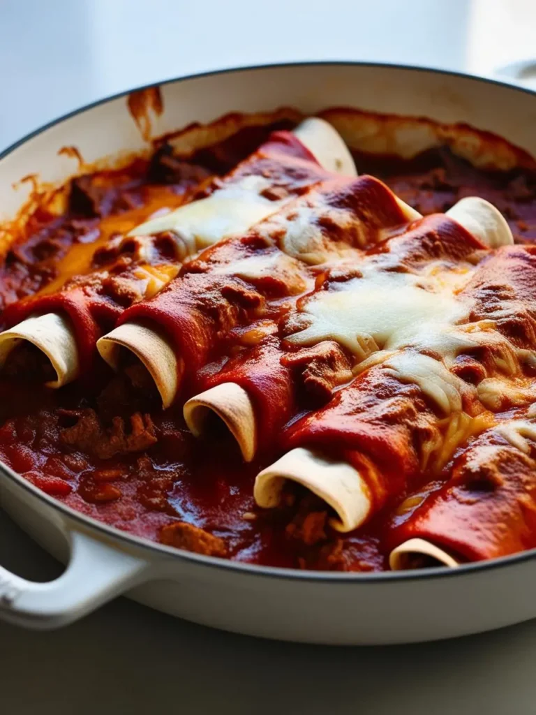 A close-up view of a baking dish filled with enchiladas. The enchiladas are covered in a rich red sauce and topped with melted cheese.