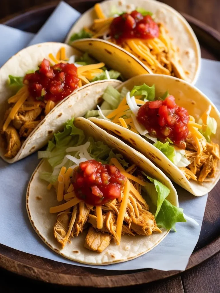 A close-up view of three chicken tacos on a plate. The tacos are filled with shredded chicken, topped with lettuce, cheese, and a dollop of salsa.