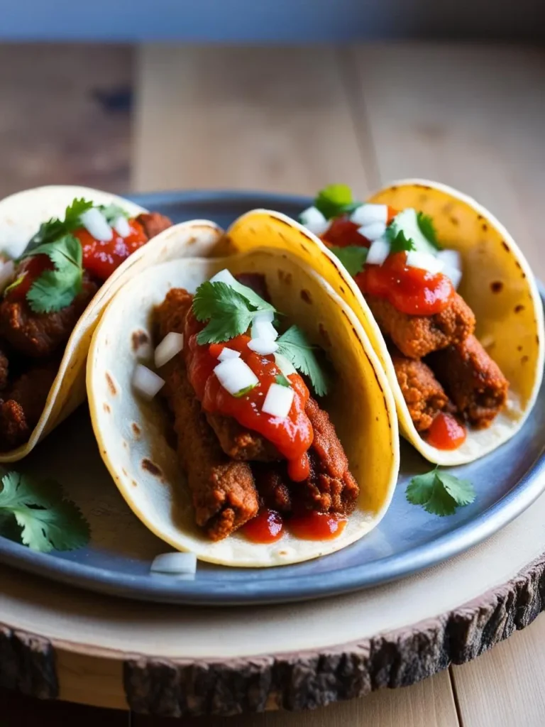 A close-up view of three tacos on a plate. The tacos are filled with seasoned ground meat, topped with chopped onions, cilantro, and a drizzle of salsa.