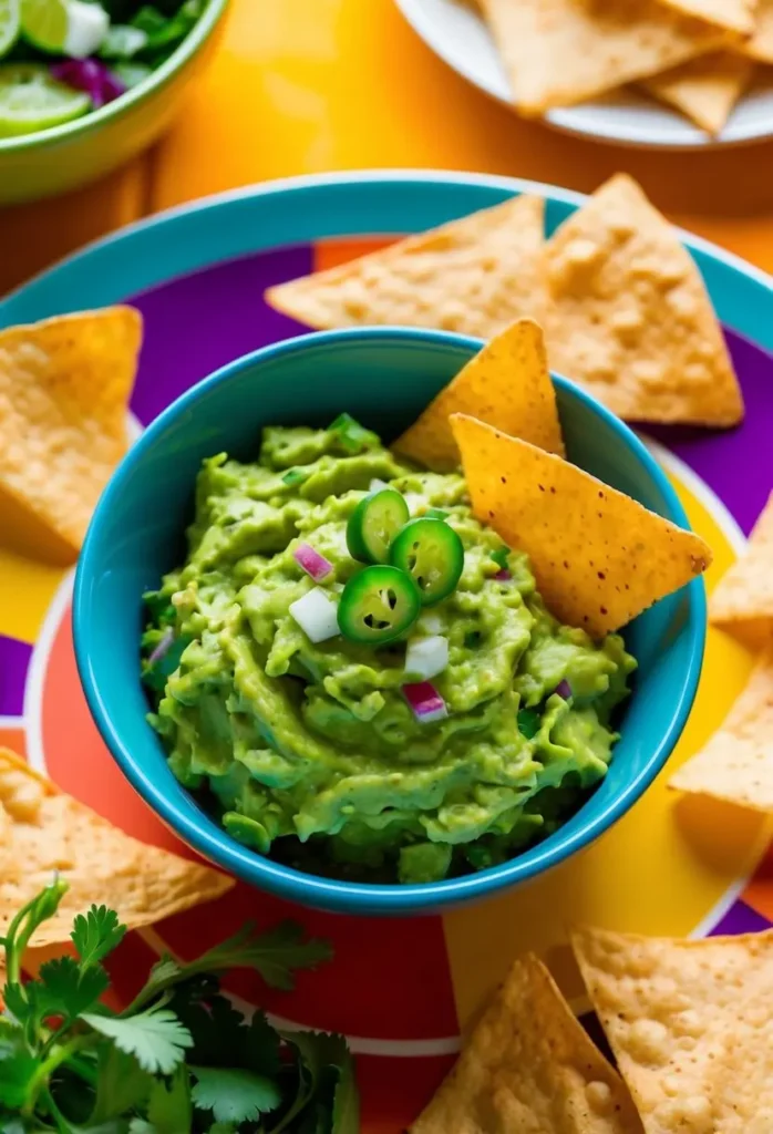 A vibrant image of a blue bowl filled with creamy guacamole. The guacamole is garnished with diced red onion, chopped jalapeños, and cilantro. Several tortilla chips are scattered around the bowl, with some resting on top.