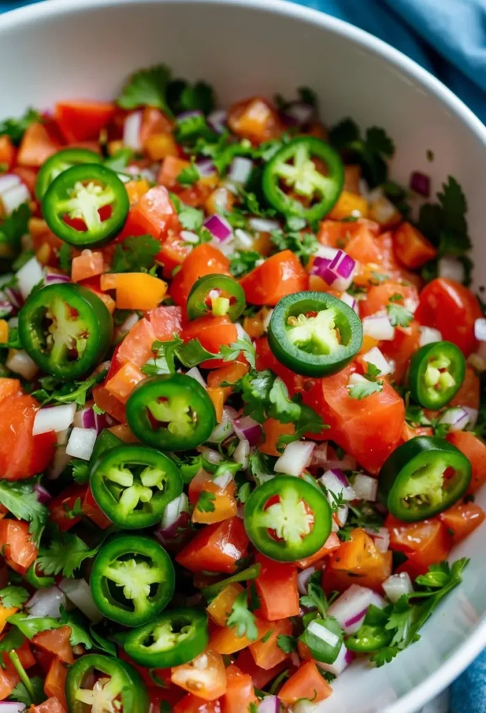 A close-up view of a bowl filled with vibrant pico de gallo. The salsa is made with diced tomatoes, red onion, cilantro, and sliced jalapeños.