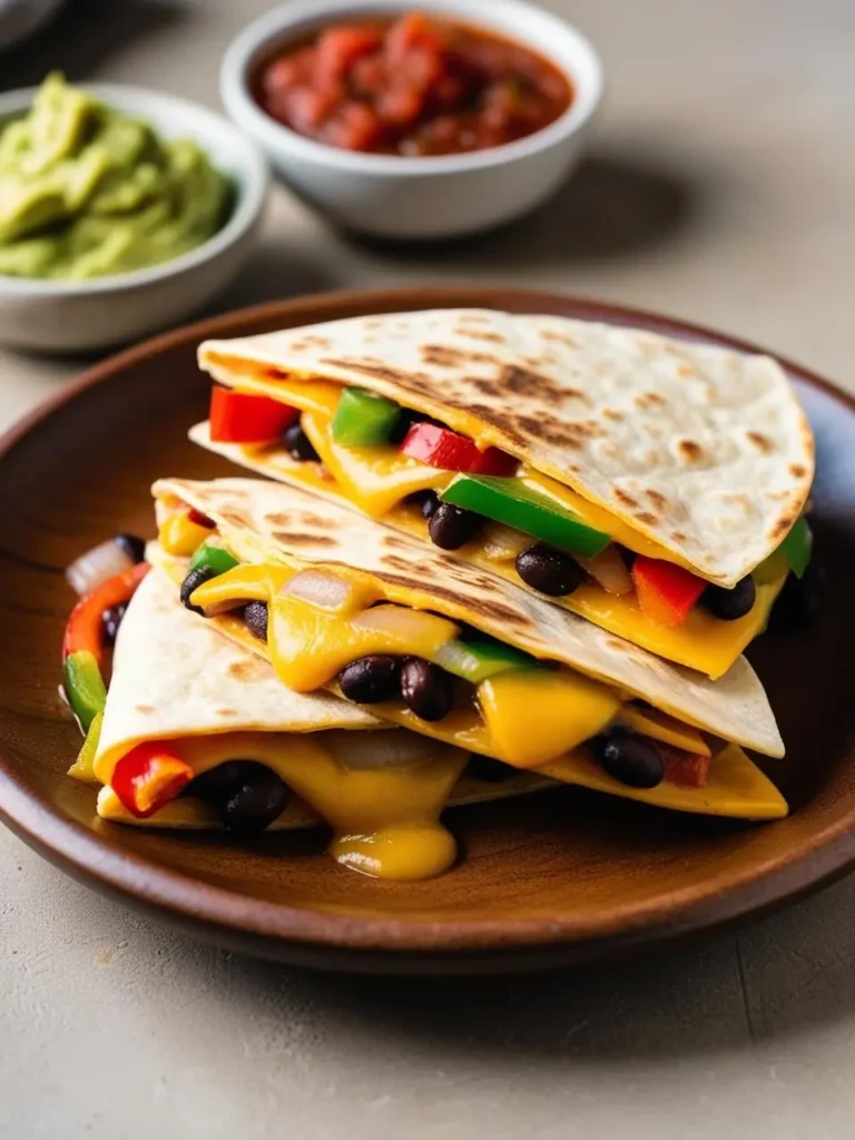 A close-up view of three quesadillas stacked on a plate. The quesadillas are filled with melted cheese, black beans, and colorful bell peppers. Bowls of salsa and guacamole are visible in the background.