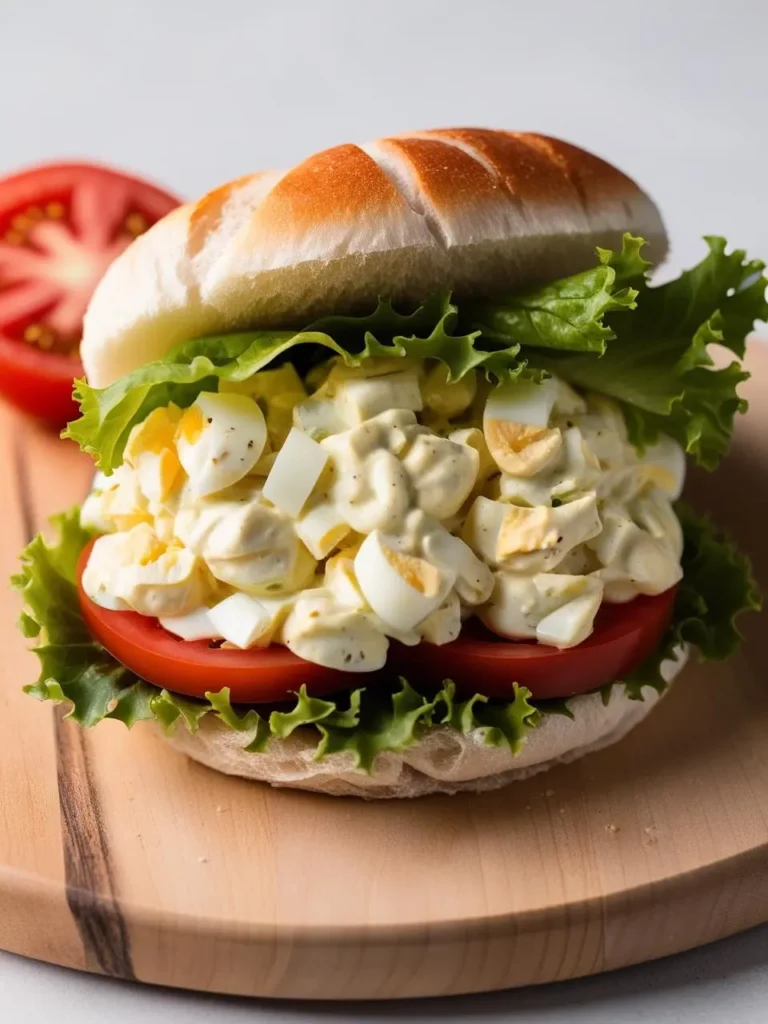 A classic egg salad sandwich on a soft roll, with lettuce and tomato slices for a fresh and crunchy bite.