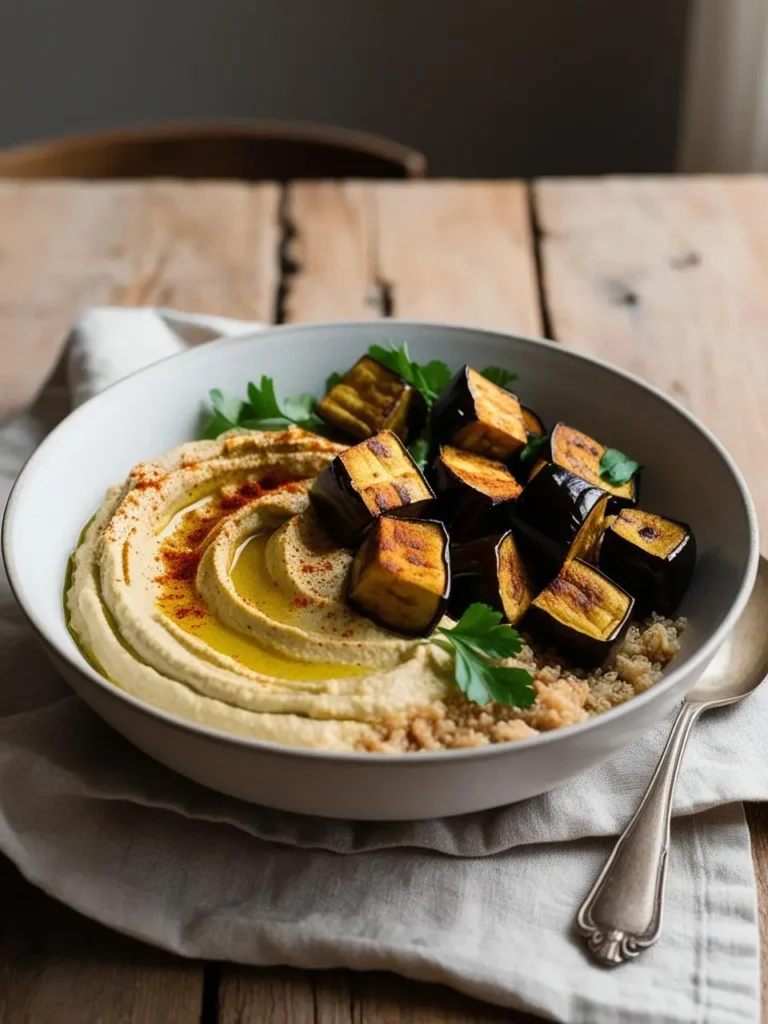 A plate of hummus topped with roasted eggplant cubes and a sprinkle of paprika. The dish is garnished with fresh parsley and served with a side of couscous.