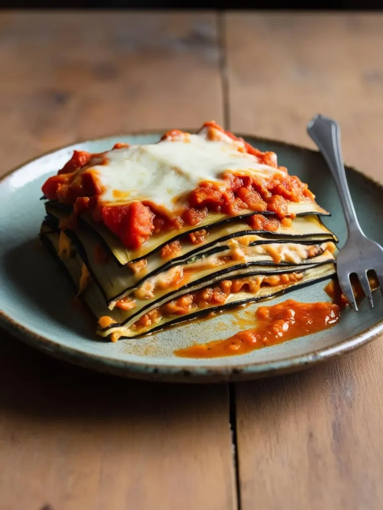 A slice of lasagna with layers of eggplant, tomato sauce, and cheese. The lasagna looks delicious and ready to be enjoyed.